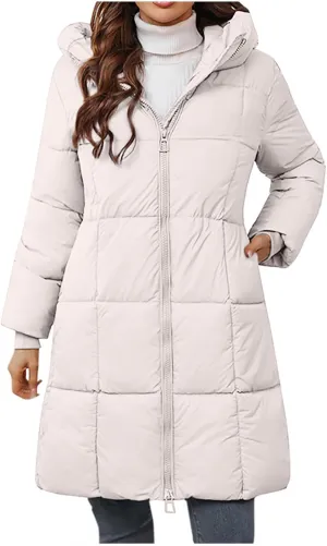 Knee Length Puffer Coat Women Winter Down Coats Full Zip Long-Sleeve Hooded Warm Quilted Jackets with Pockets