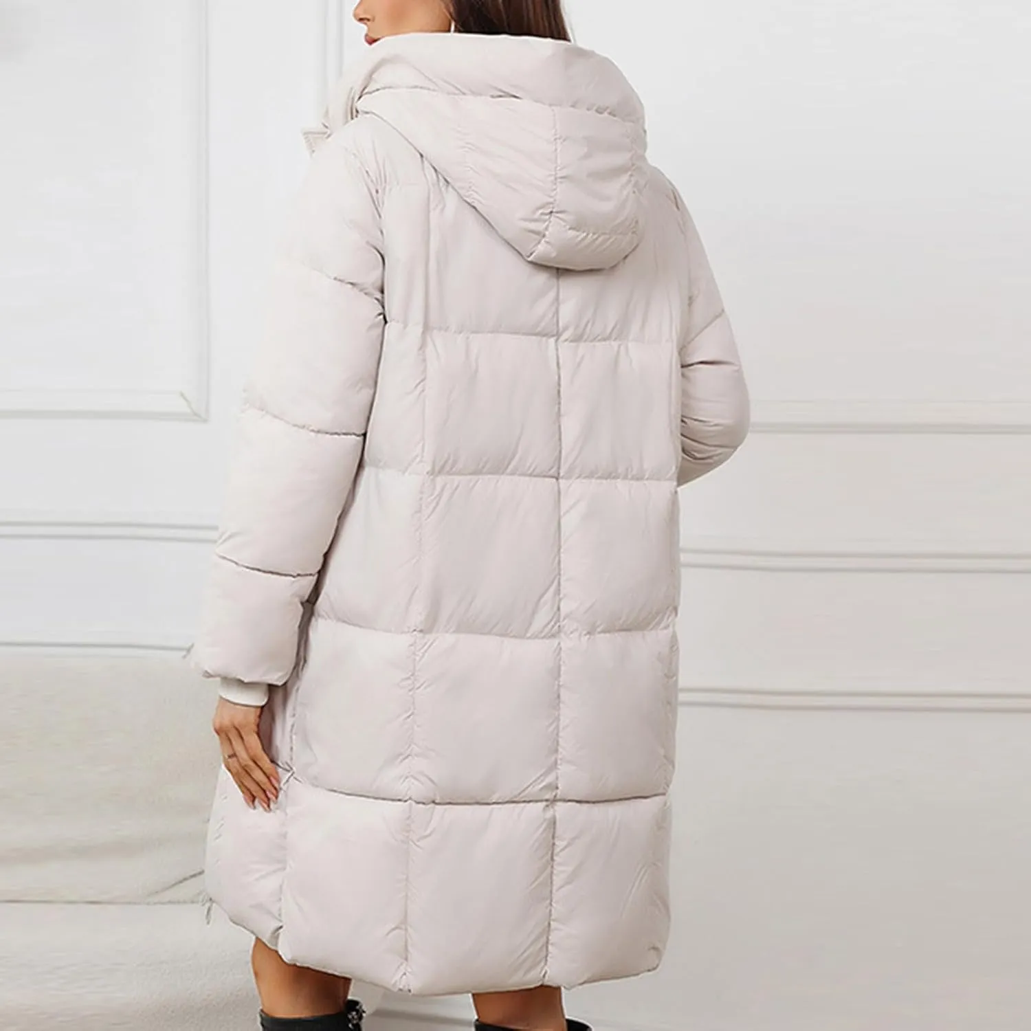 Knee Length Puffer Coat Women Winter Down Coats Full Zip Long-Sleeve Hooded Warm Quilted Jackets with Pockets
