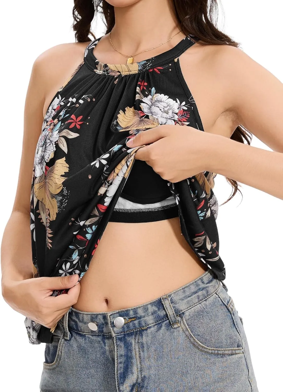 Kniffi Womens Tank Tops with Built in Bra Halter Neck Flowy Sleeveless Tank Tops Loose Fitting Camisole S-XXXL