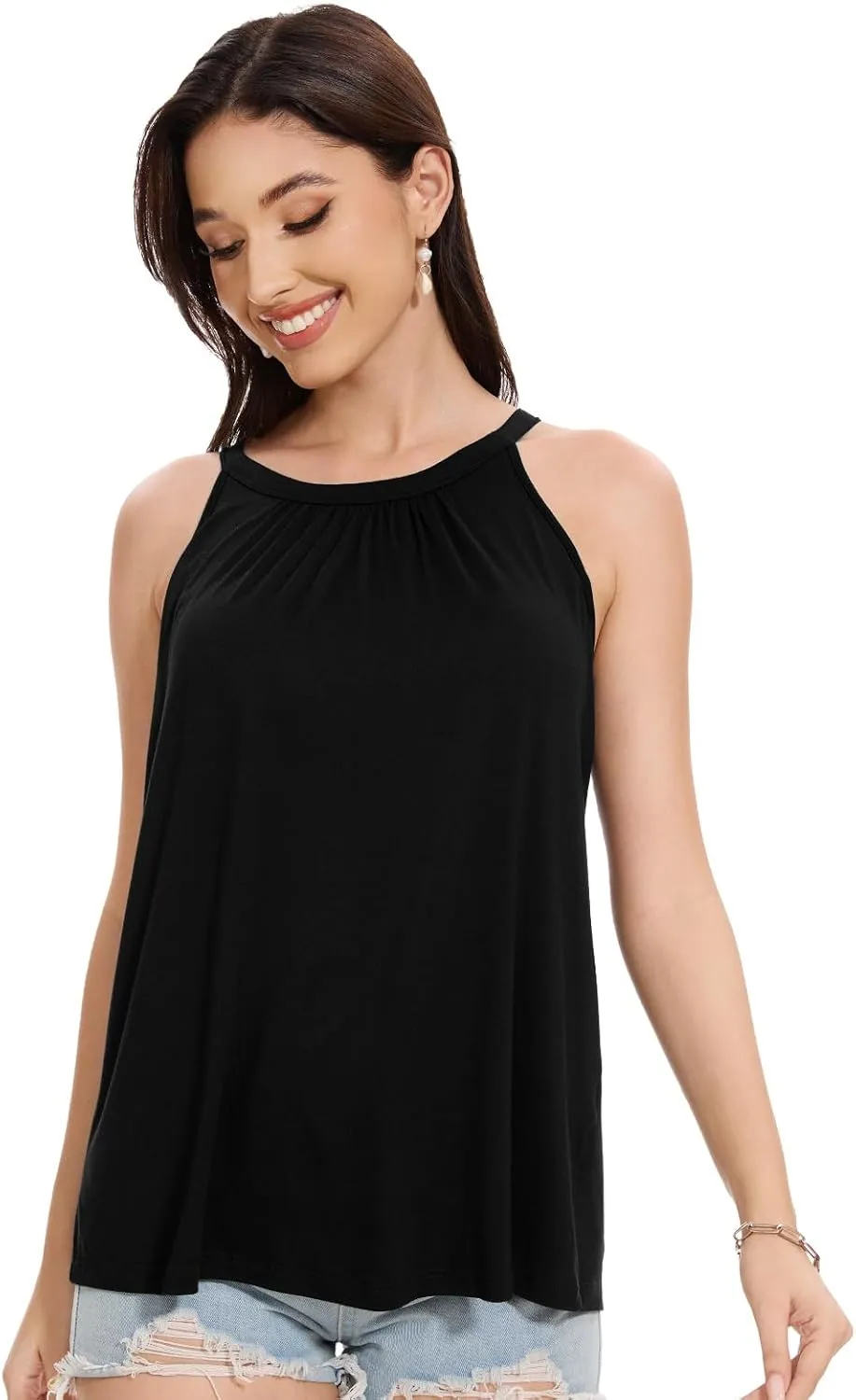 Kniffi Womens Tank Tops with Built in Bra Halter Neck Flowy Sleeveless Tank Tops Loose Fitting Camisole S-XXXL