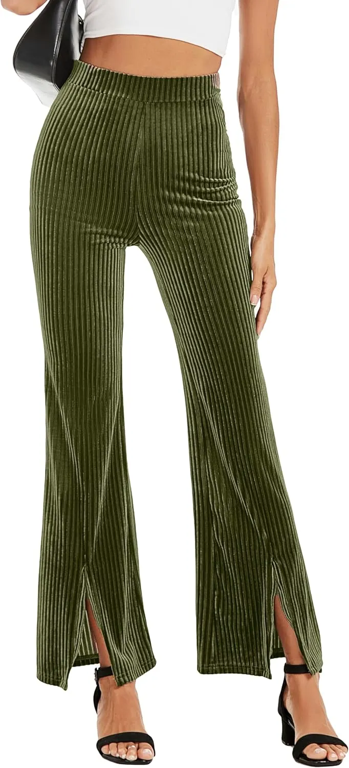 KOJOOIN Women's Flare Ribbed Leggings Corduroy Velvet Bell Bottom Leggings Elastic High Waist Front Split Casual PantsGreen M