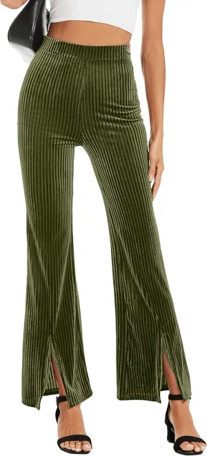 KOJOOIN Women's Flare Ribbed Leggings Corduroy Velvet Bell Bottom Leggings Elastic High Waist Front Split Casual PantsGreen M