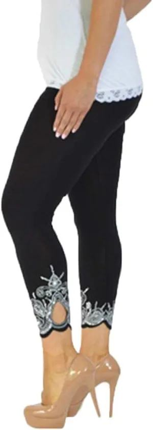 Lace Leggings for Women Plus Size High Waisted Capri Cropped Leggings Stretch Lace Trim Soft Tights Yoga Pants