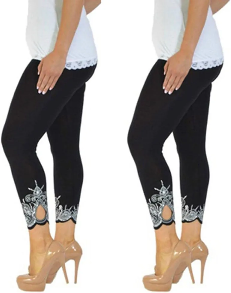 Lace Leggings for Women Plus Size High Waisted Capri Cropped Leggings Stretch Lace Trim Soft Tights Yoga Pants