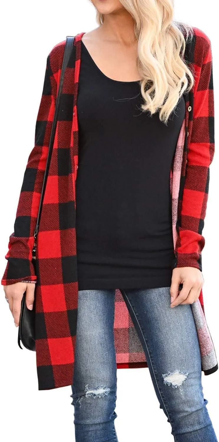 Lacozy Women's Open Front Long Cardigan Draped Snap Buffalo Plaid Shirt Kimono Cardigan Knit Sweater