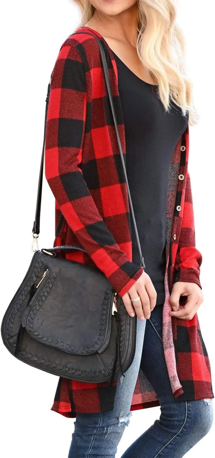 Lacozy Women's Open Front Long Cardigan Draped Snap Buffalo Plaid Shirt Kimono Cardigan Knit Sweater