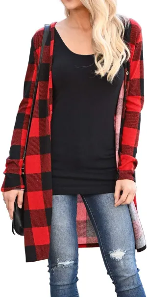 Lacozy Women's Open Front Long Cardigan Draped Snap Buffalo Plaid Shirt Kimono Cardigan Knit Sweater