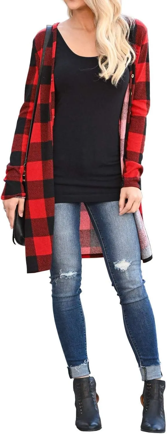 Lacozy Women's Open Front Long Cardigan Draped Snap Buffalo Plaid Shirt Kimono Cardigan Knit Sweater