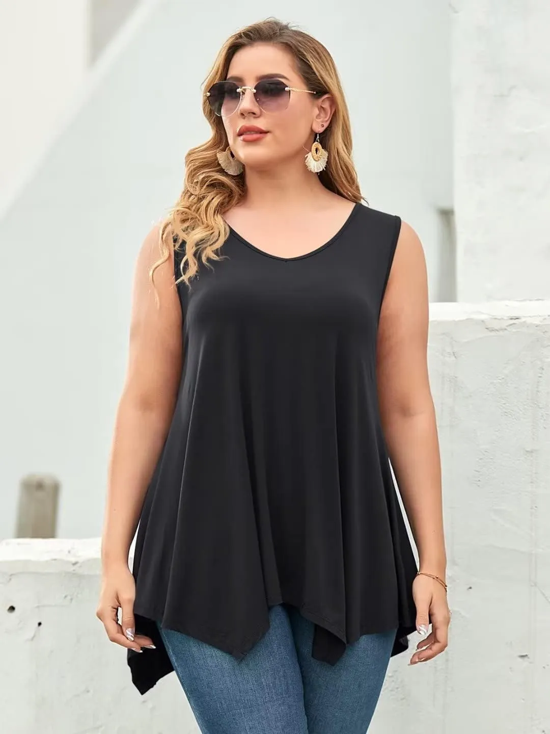 LARACE Plus Size Tank Tops for Women V Neck T Shirts Summer Sleeveless Tunic Tops Loose Fit Flowy Blouse