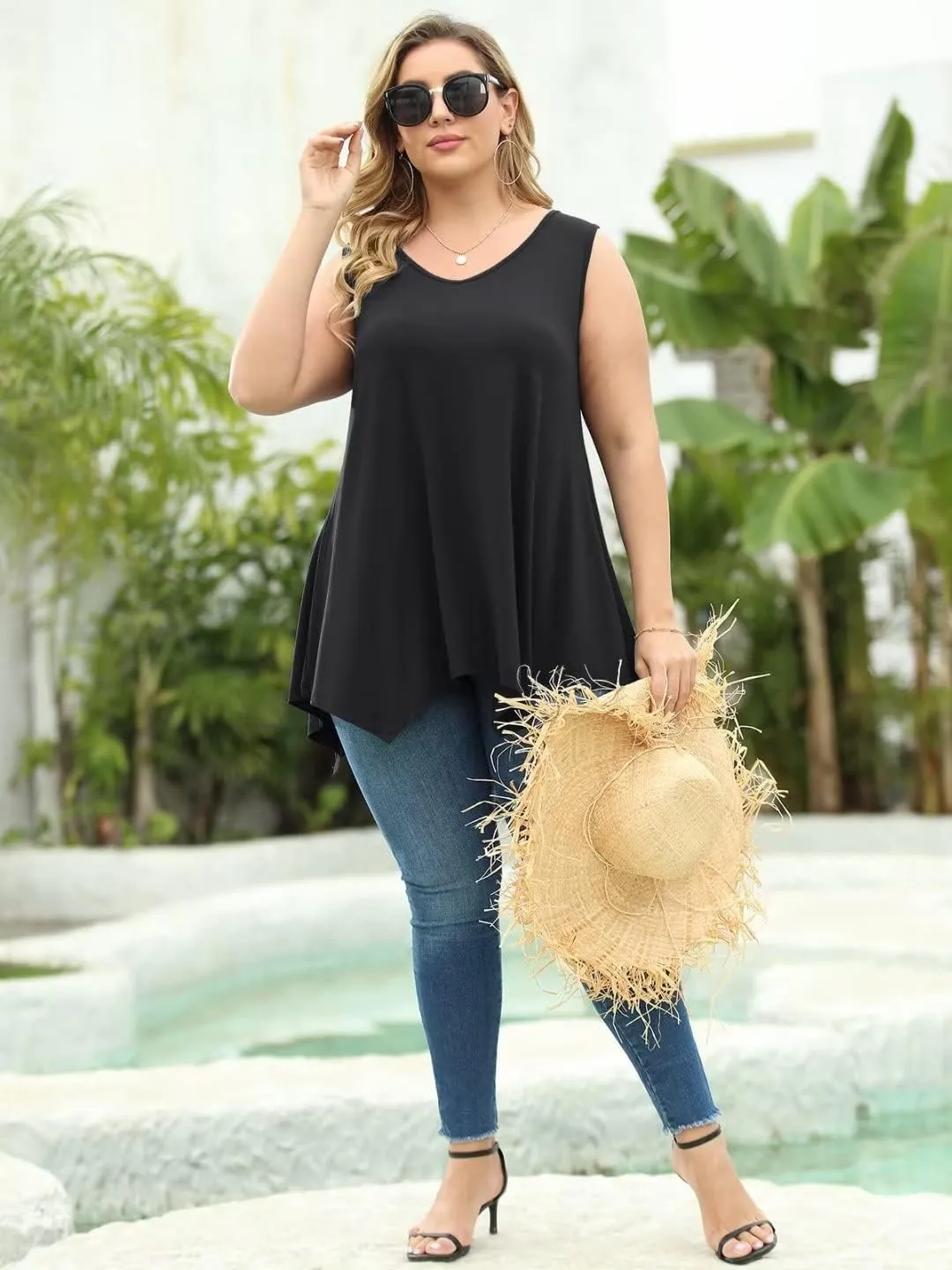 LARACE Plus Size Tank Tops for Women V Neck T Shirts Summer Sleeveless Tunic Tops Loose Fit Flowy Blouse