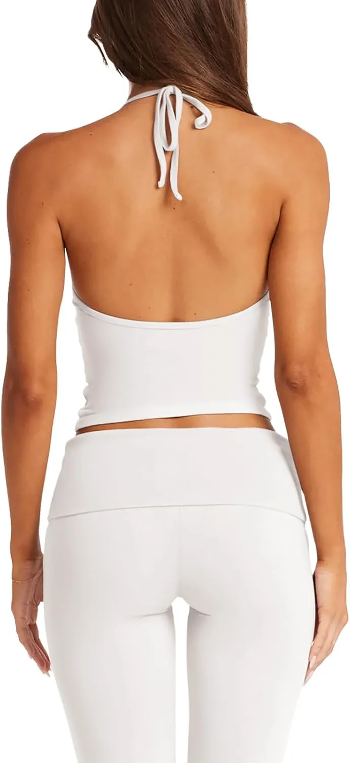 LASLULU Womens Sleeveless Halter Neck Workout Tops Adjustable Tie Camisole Backless Casual Basic Cami Gym Yoga Tank Tops