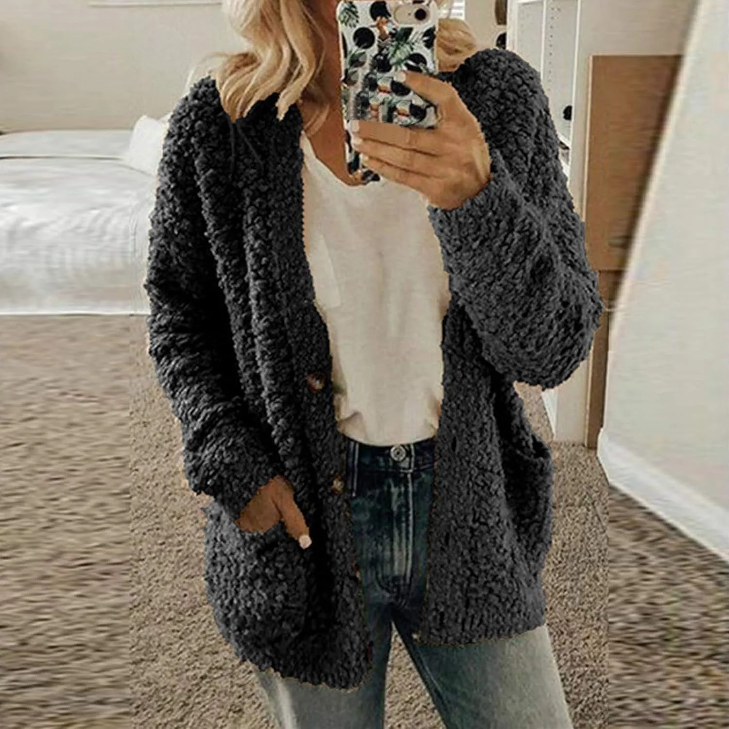 LCMTWX Womens Winter Fuzzy Fleece Jacket Outdoor Slim Outwear Office Casual Plush Cardigan Trendy Overcoat Hooded Coats