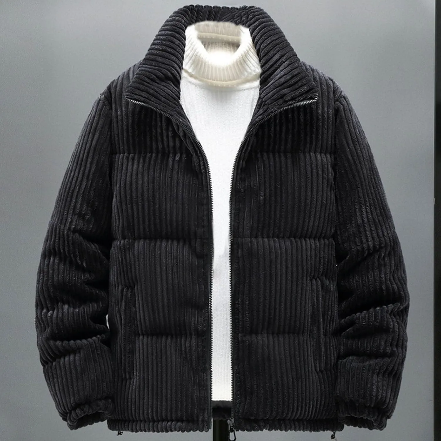 lcziwo Mens Quilted Corduroy Puffer Jacket Plus Size Zip up Stand Collar Padded Cotton Jacket Warm Thick Winter Coat