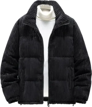 lcziwo Mens Quilted Corduroy Puffer Jacket Plus Size Zip up Stand Collar Padded Cotton Jacket Warm Thick Winter Coat