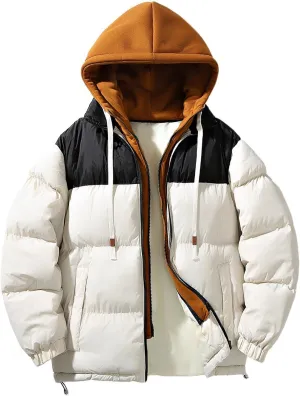lcziwo Winter Coats for Men Fake Two Pieces Hooded Quilted Puffer Jacket Color Block Drawstring Padded Cotton Jacket