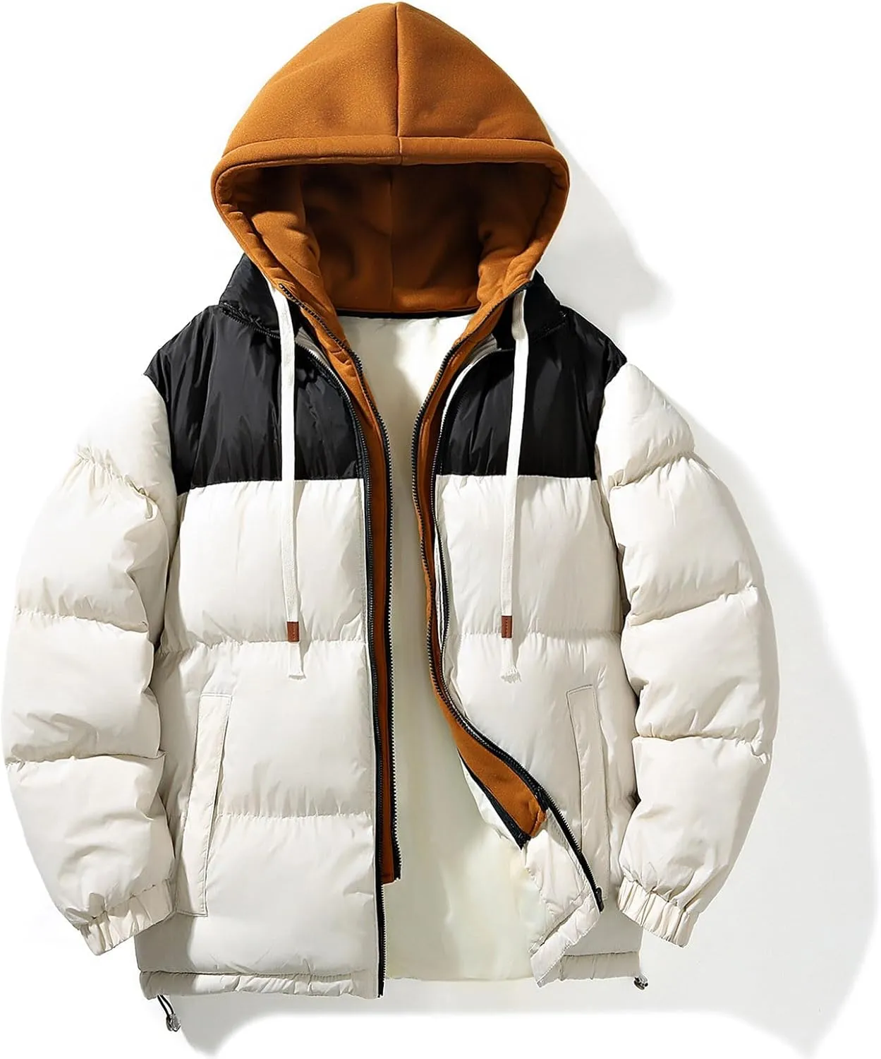 lcziwo Winter Coats for Men Fake Two Pieces Hooded Quilted Puffer Jacket Color Block Drawstring Padded Cotton Jacket