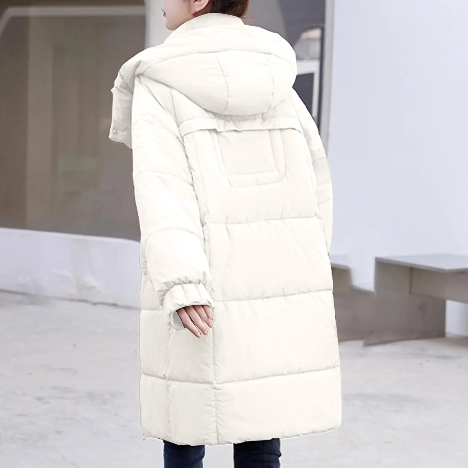 lcziwo Women's Winter Thicken Puffer Coat with Hood Stand Collar Long Cotton Padded Quilted Jackets Pockets Snow Outwear