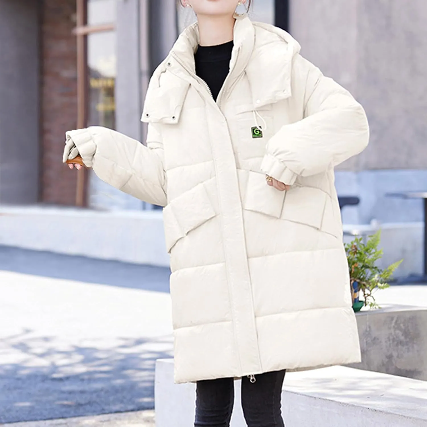 lcziwo Women's Winter Thicken Puffer Coat with Hood Stand Collar Long Cotton Padded Quilted Jackets Pockets Snow Outwear