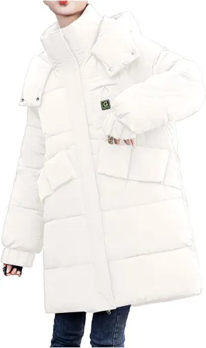 lcziwo Women's Winter Thicken Puffer Coat with Hood Stand Collar Long Cotton Padded Quilted Jackets Pockets Snow Outwear