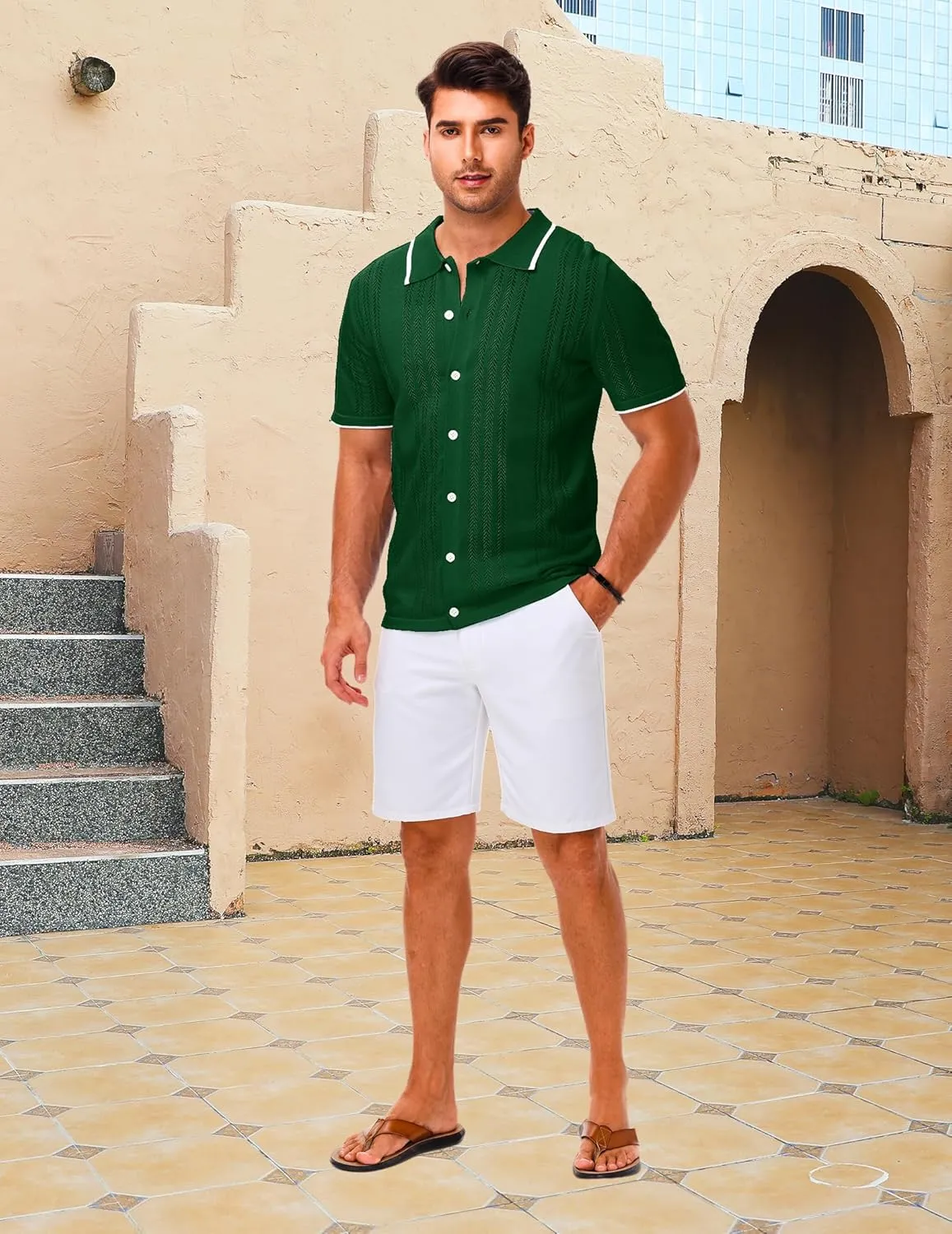 LETSEE Mens Short Sleeve Button Down Shirts Knit Polo Shirt Summer Beach Tops Resort Wear 2025