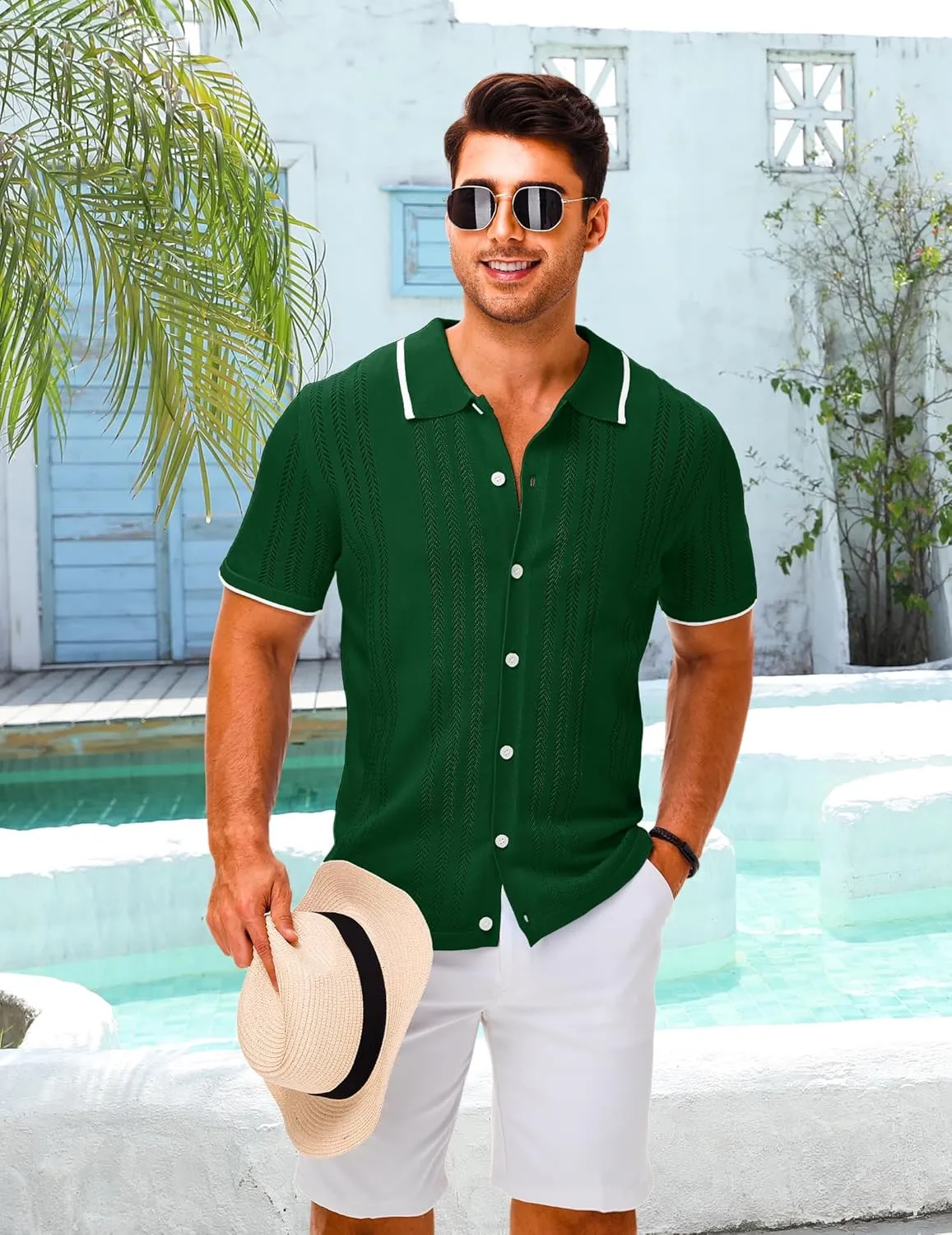 LETSEE Mens Short Sleeve Button Down Shirts Knit Polo Shirt Summer Beach Tops Resort Wear 2025