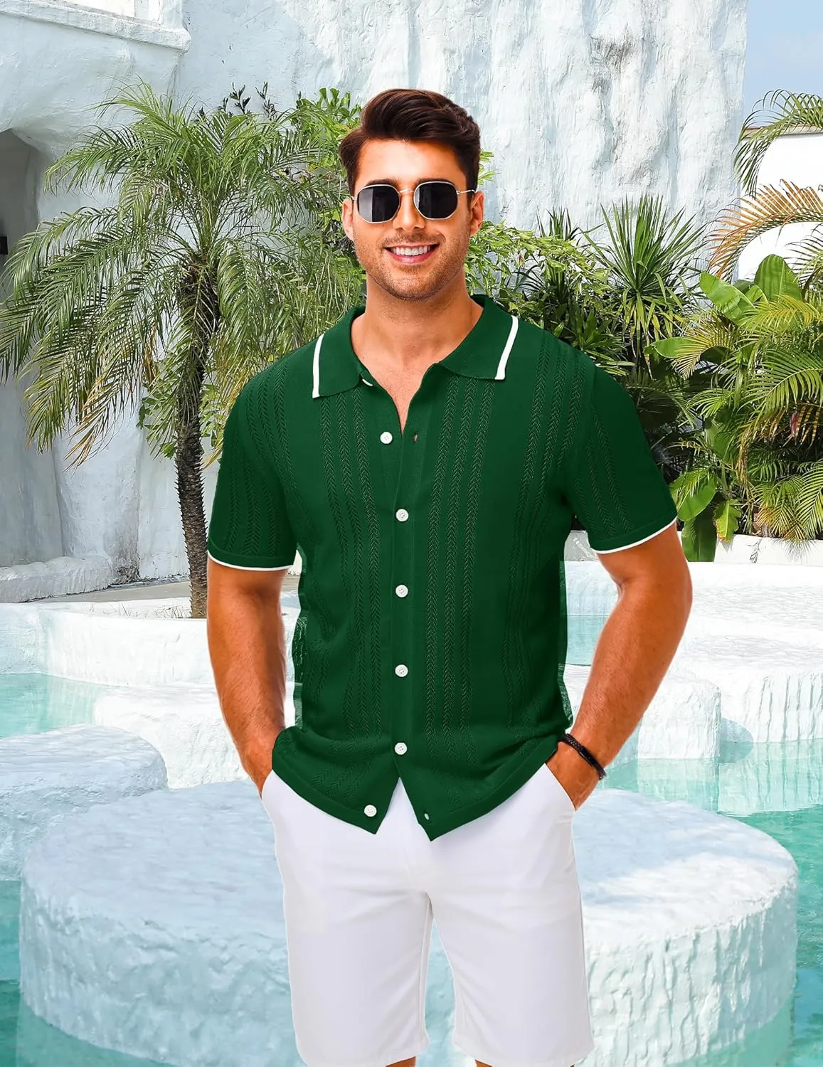 LETSEE Mens Short Sleeve Button Down Shirts Knit Polo Shirt Summer Beach Tops Resort Wear 2025