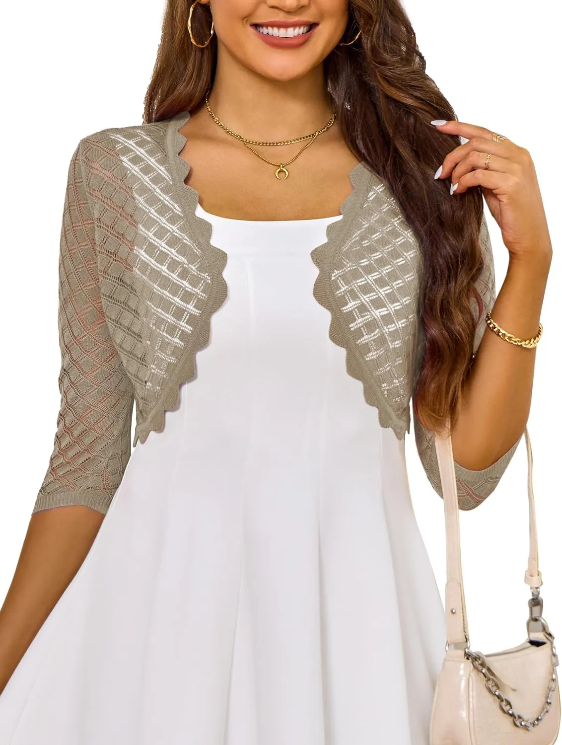 LIENRIDY Women's 2024 Cropped Cardigan 3/4 Sleeve Hollowed-Out Open Front Bolero Shrug for Dresses S-XL