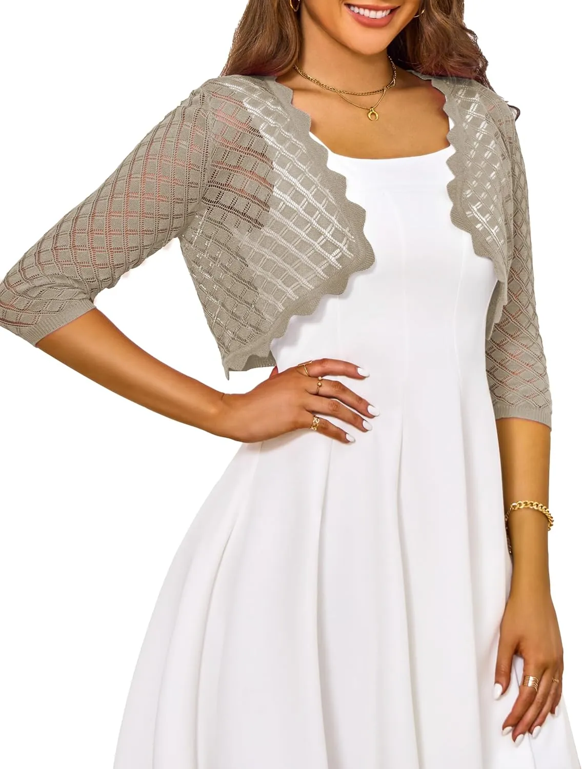 LIENRIDY Women's 2024 Cropped Cardigan 3/4 Sleeve Hollowed-Out Open Front Bolero Shrug for Dresses S-XL