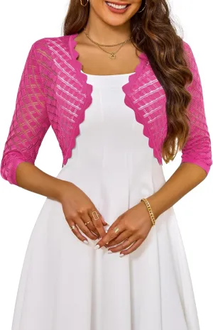 LIENRIDY Women's 2024 Cropped Cardigan 3/4 Sleeve Hollowed-Out Open Front Bolero Shrug for Dresses S-XL