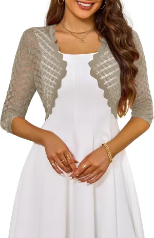 LIENRIDY Women's 2024 Cropped Cardigan 3/4 Sleeve Hollowed-Out Open Front Bolero Shrug for Dresses S-XL