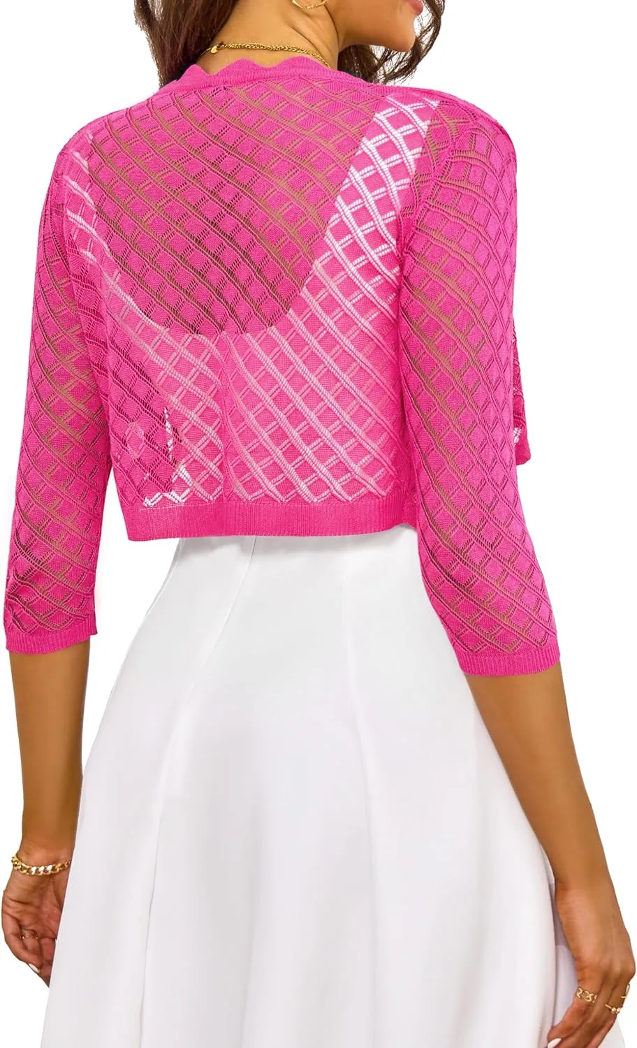 LIENRIDY Women's 2024 Cropped Cardigan 3/4 Sleeve Hollowed-Out Open Front Bolero Shrug for Dresses S-XL