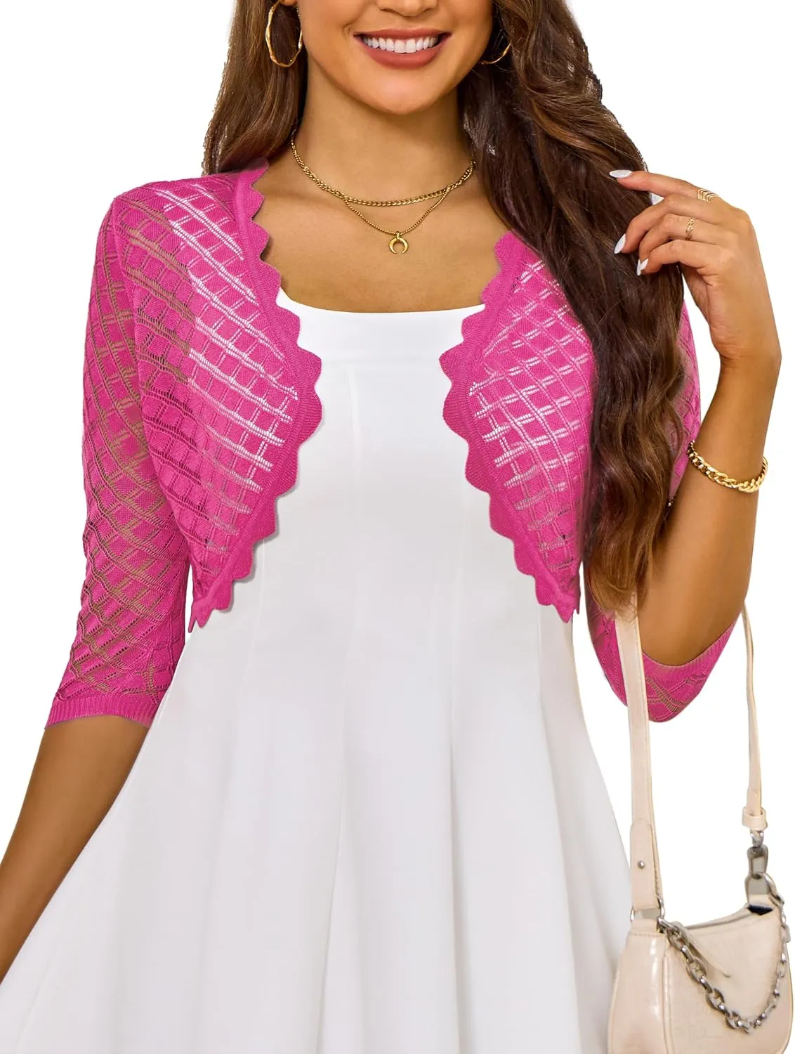 LIENRIDY Women's 2024 Cropped Cardigan 3/4 Sleeve Hollowed-Out Open Front Bolero Shrug for Dresses S-XL