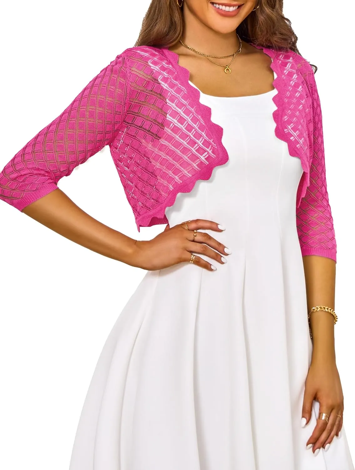 LIENRIDY Women's 2024 Cropped Cardigan 3/4 Sleeve Hollowed-Out Open Front Bolero Shrug for Dresses S-XL