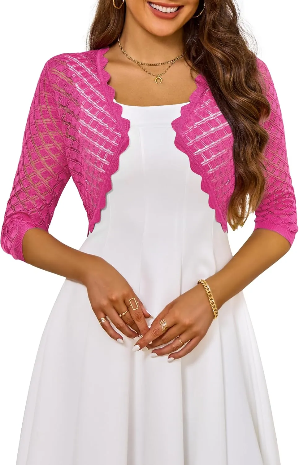 LIENRIDY Women's 2024 Cropped Cardigan 3/4 Sleeve Hollowed-Out Open Front Bolero Shrug for Dresses S-XL