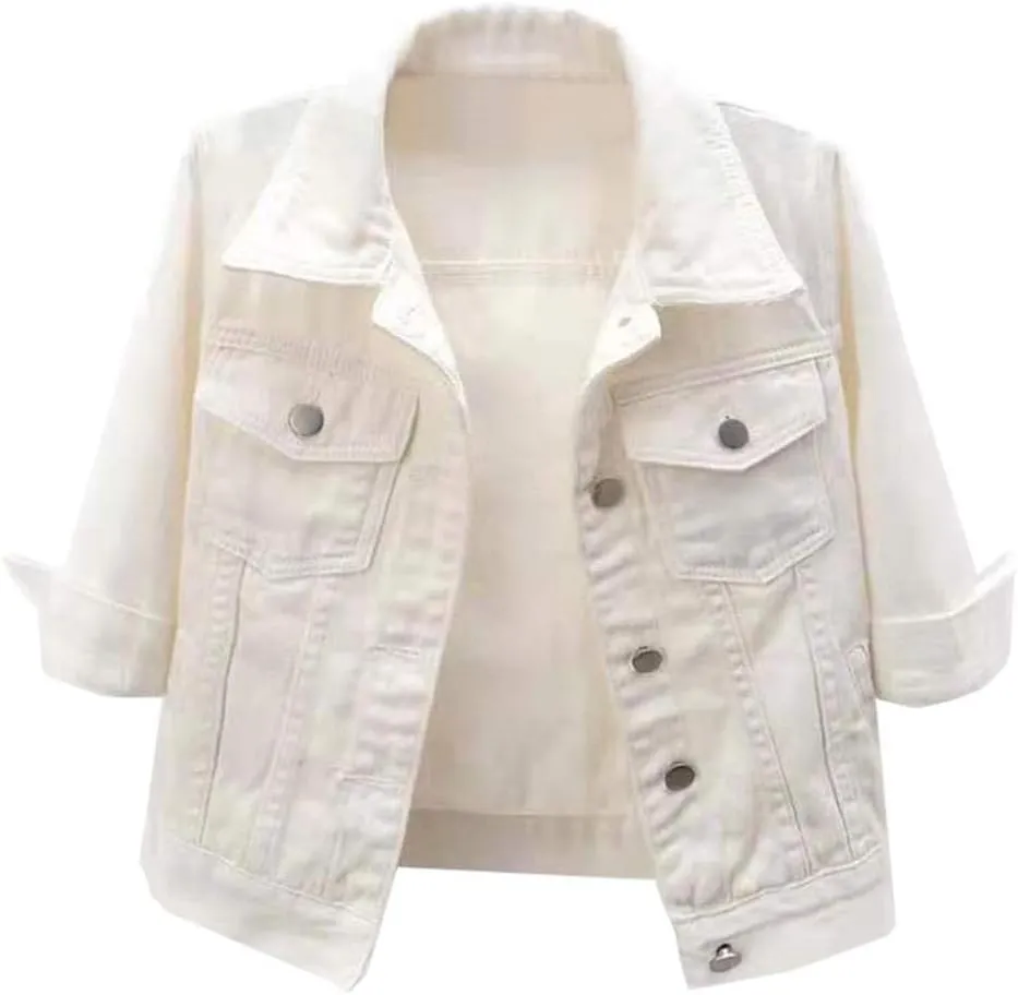 LifeShe Women's 3/4 Sleeve Short Denim Jacket Light Cropped Jean Jackets Coats