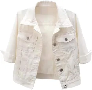 LifeShe Women's 3/4 Sleeve Short Denim Jacket Light Cropped Jean Jackets Coats