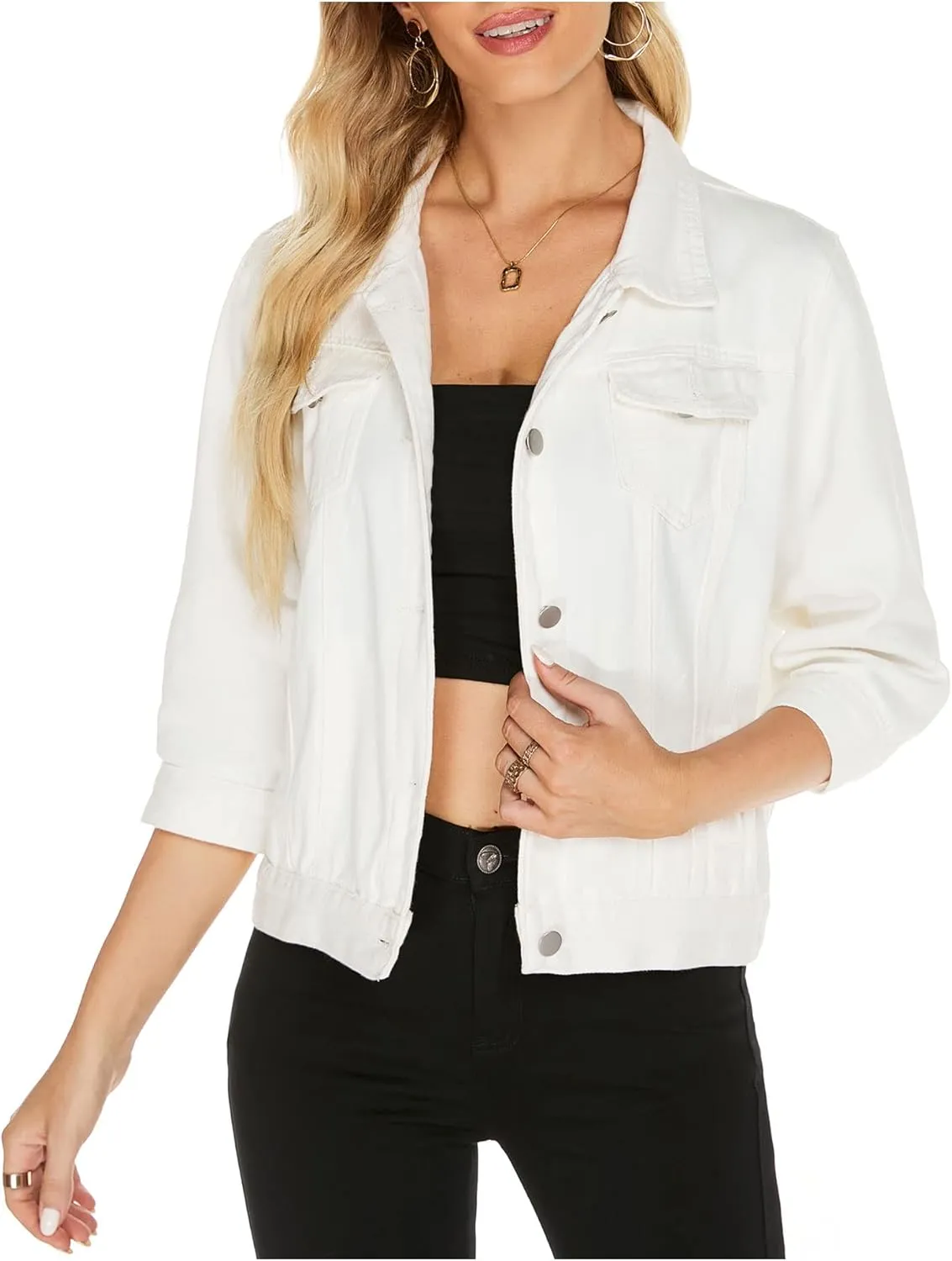 LifeShe Women's 3/4 Sleeve Short Denim Jacket Light Cropped Jean Jackets Coats