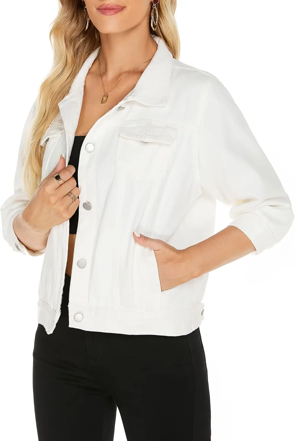 LifeShe Women's 3/4 Sleeve Short Denim Jacket Light Cropped Jean Jackets Coats