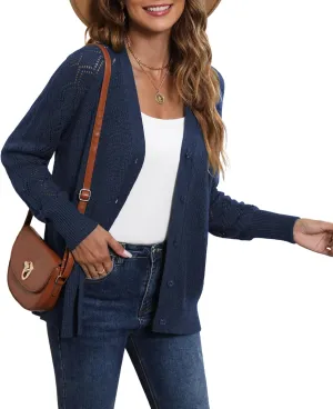 LILBETTER Women's Long Sleeve Button Down V Neck Classic Sweater Knit Cardigan