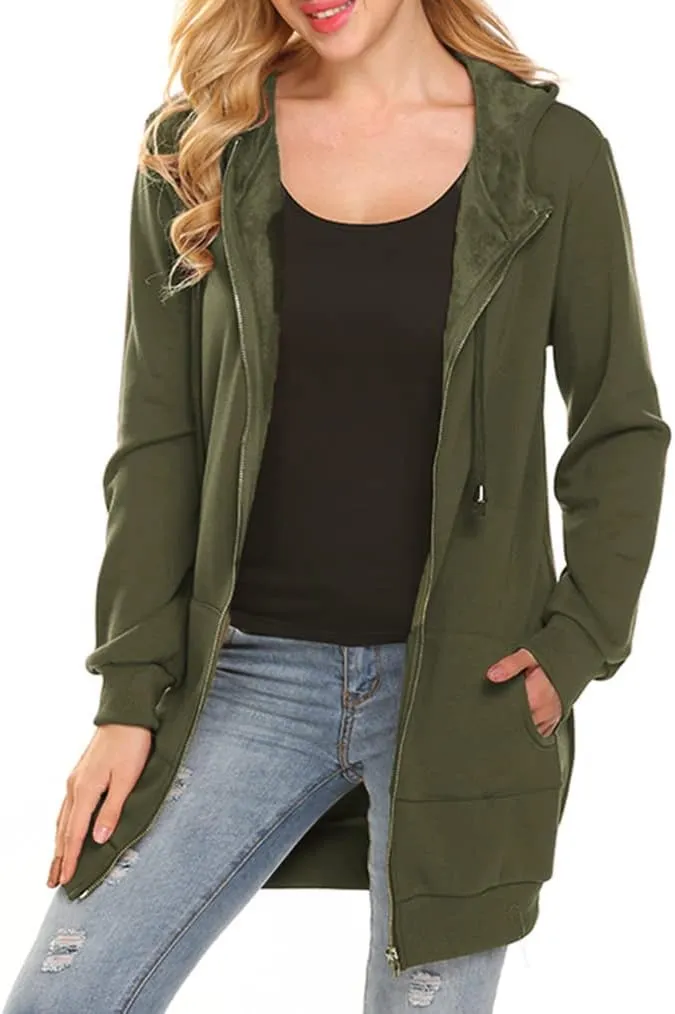 Locryz Women's Casual Pockets Zip Up Hoodies Fleece Tunic Sweatshirt Long Hoodie Jacket Coat