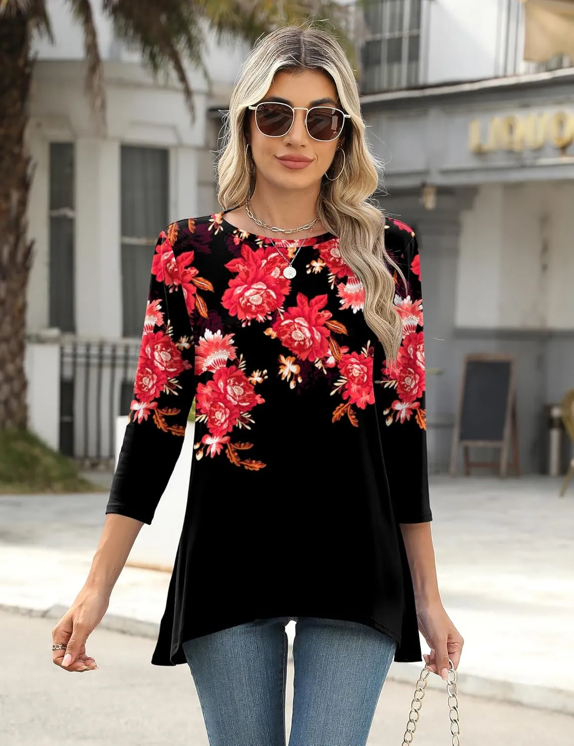 LOMON 3/4 Sleeve Tunic Tops for Women Loose Fit Dressy Casual Blouse Flowy Shirts to Wear with Leggings S-3XL