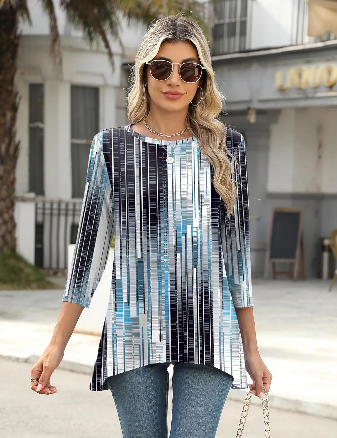 LOMON 3/4 Sleeve Tunic Tops for Women Loose Fit Dressy Casual Blouse Flowy Shirts to Wear with Leggings S-3XL