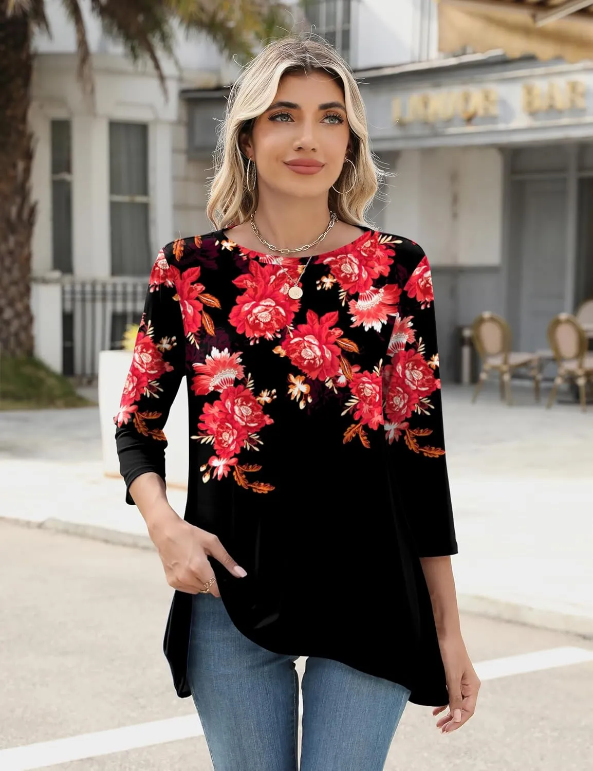 LOMON 3/4 Sleeve Tunic Tops for Women Loose Fit Dressy Casual Blouse Flowy Shirts to Wear with Leggings S-3XL