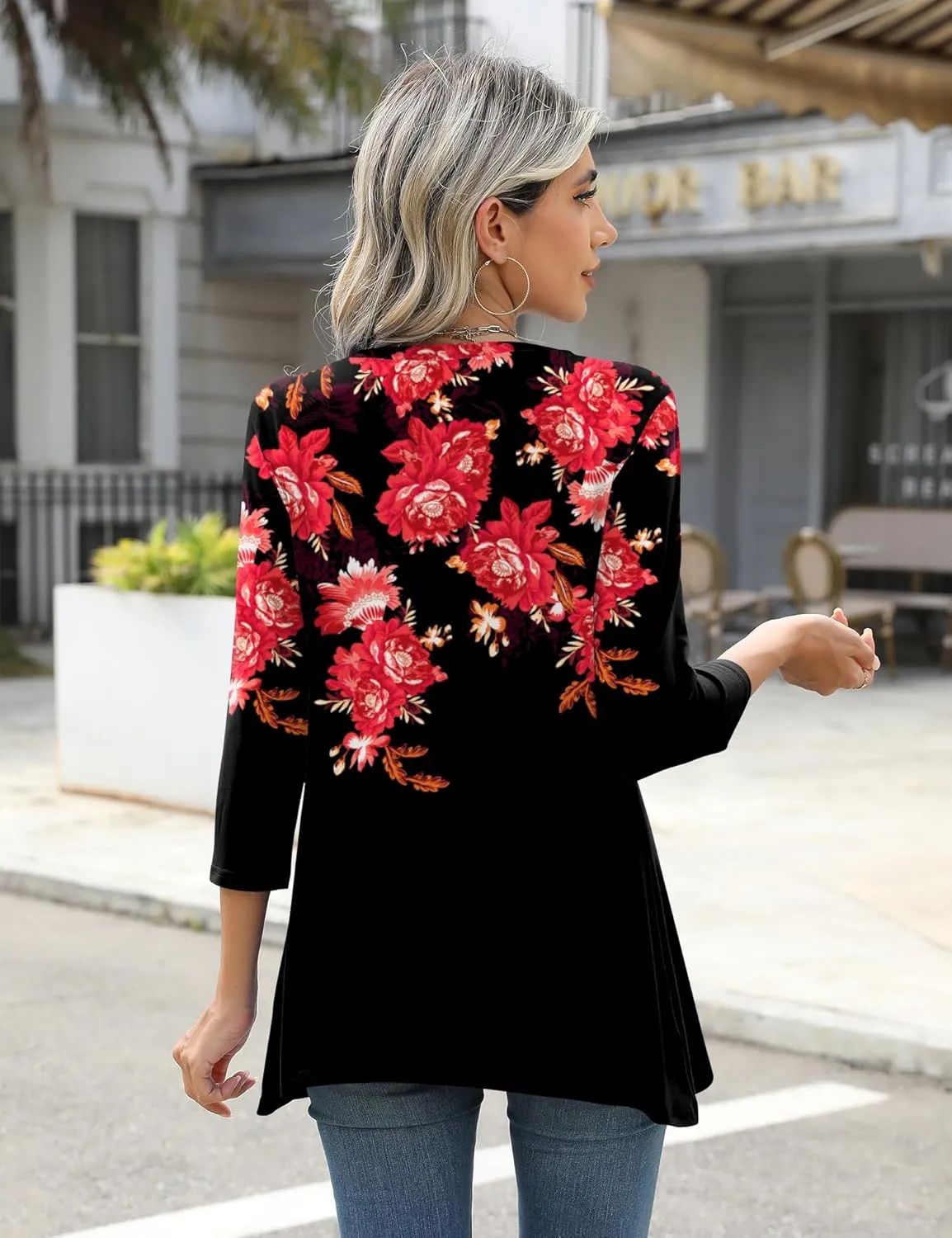 LOMON 3/4 Sleeve Tunic Tops for Women Loose Fit Dressy Casual Blouse Flowy Shirts to Wear with Leggings S-3XL