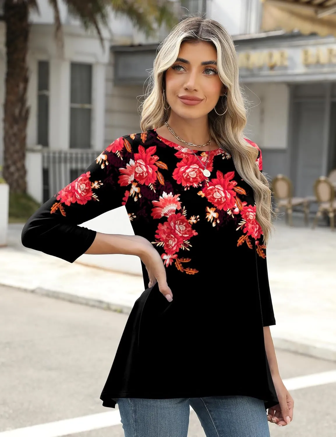 LOMON 3/4 Sleeve Tunic Tops for Women Loose Fit Dressy Casual Blouse Flowy Shirts to Wear with Leggings S-3XL