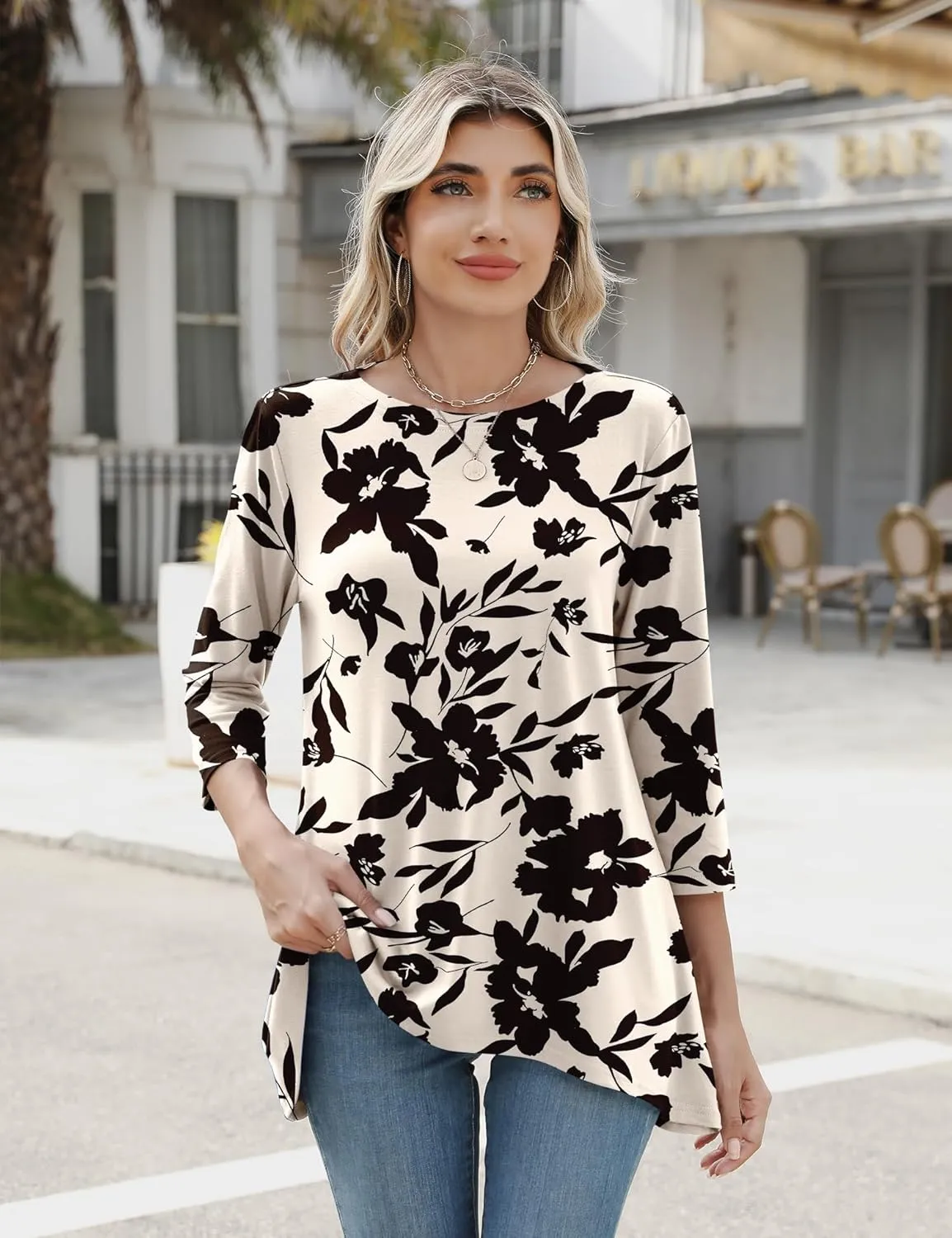 LOMON 3/4 Sleeve Tunic Tops for Women Loose Fit Dressy Casual Blouse Flowy Shirts to Wear with Leggings S-3XL