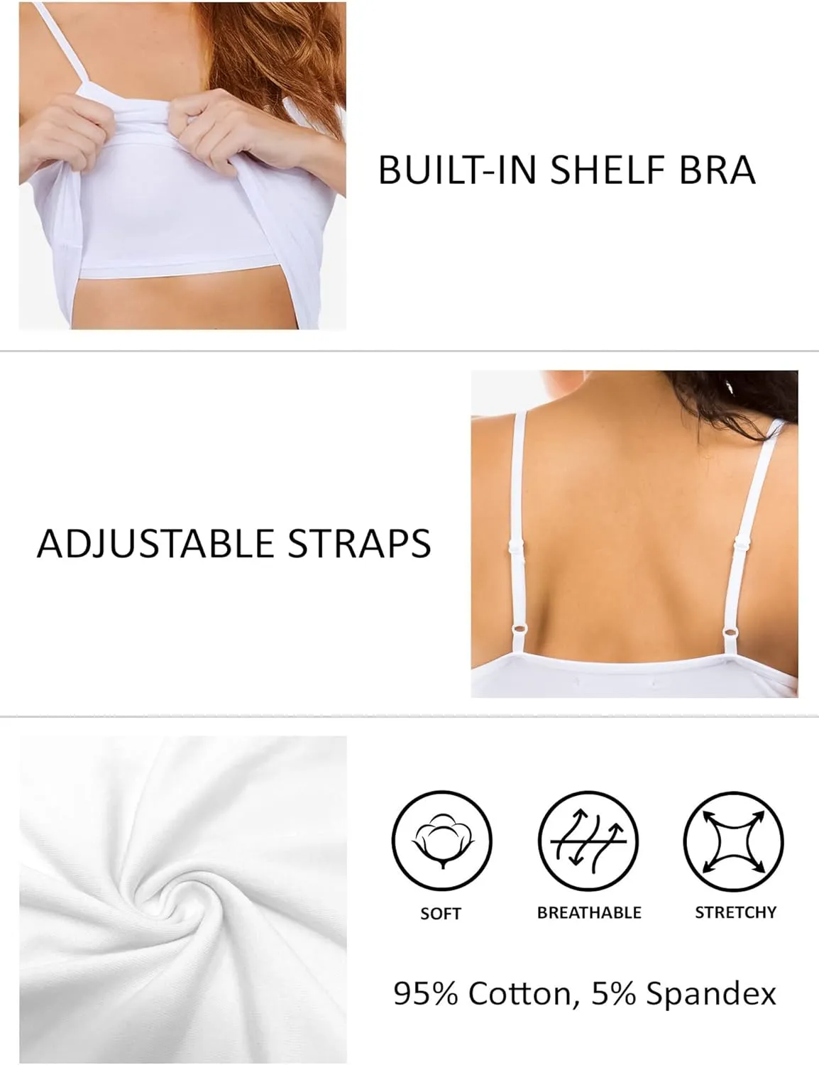 Long Cotton Camisole Tank Top with Built in Bra for Women Basic Cami with Shelf Bra Tank Tops Undershirt