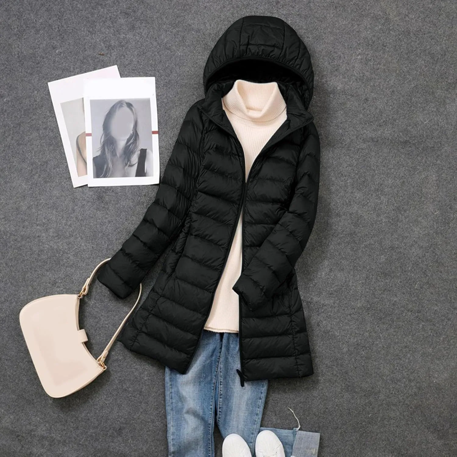 Long Down Jacket for Women Lightweight Packable Travel Puffer Hood Jackets 2023 Fall Warm Slim Fit Casual Duck Down Coat