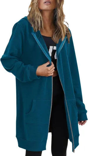 Long Hoodies for Women Zip Up Cotton Plus Size Oversized Hoodie Teen Girls Fleece Fall Sweat Jacket