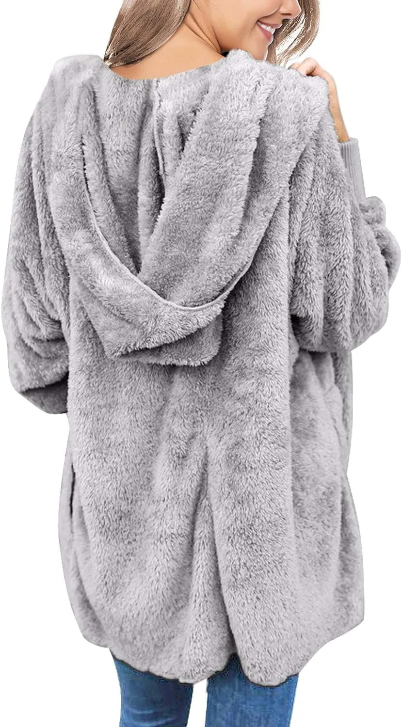 LookbookStore Womens Cardigan 2024 Winter Oversized Open Front Fleece Hooded Draped Pockets Jacket Coats